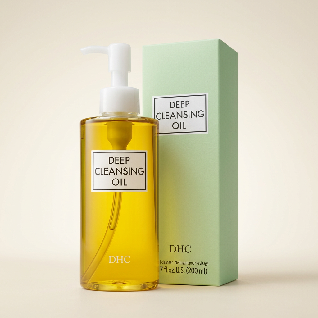 DHC Medicated Deep Cleansing Oil 200ml clear pump bottle with golden oil, legendary Japanese olive-based makeup remover