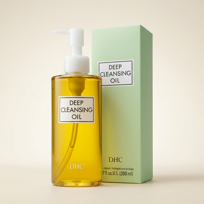 DHC Medicated Deep Cleansing Oil 200ml clear pump bottle with golden oil, legendary Japanese olive-based makeup remover