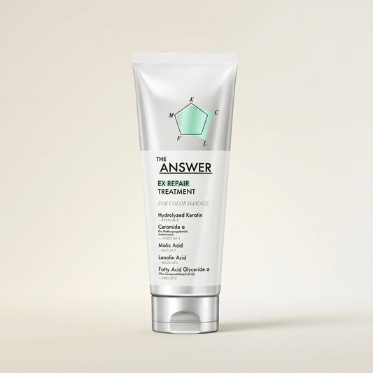 THE ANSWER EX Repair Treatment 220g sleek professional tube, Japanese high-potency protein-bonding and structural repair hair mask.