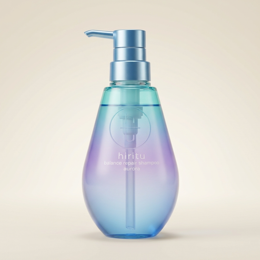 HIRITU Aurora Balance Repair Shampoo 410ml minimalist aesthetic pump bottle, Japanese professional light-reflecting and smoothing hair wash.