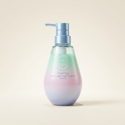 HIRITU Aurora Balance Repair Treatment 410ml minimalist aesthetic pump bottle, Japanese professional light-reflecting and smoothing conditioner.