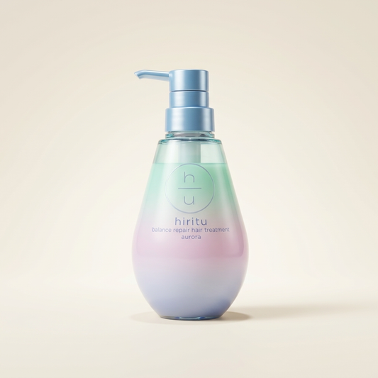 HIRITU Aurora Balance Repair Treatment 410ml minimalist aesthetic pump bottle, Japanese professional light-reflecting and smoothing conditioner.