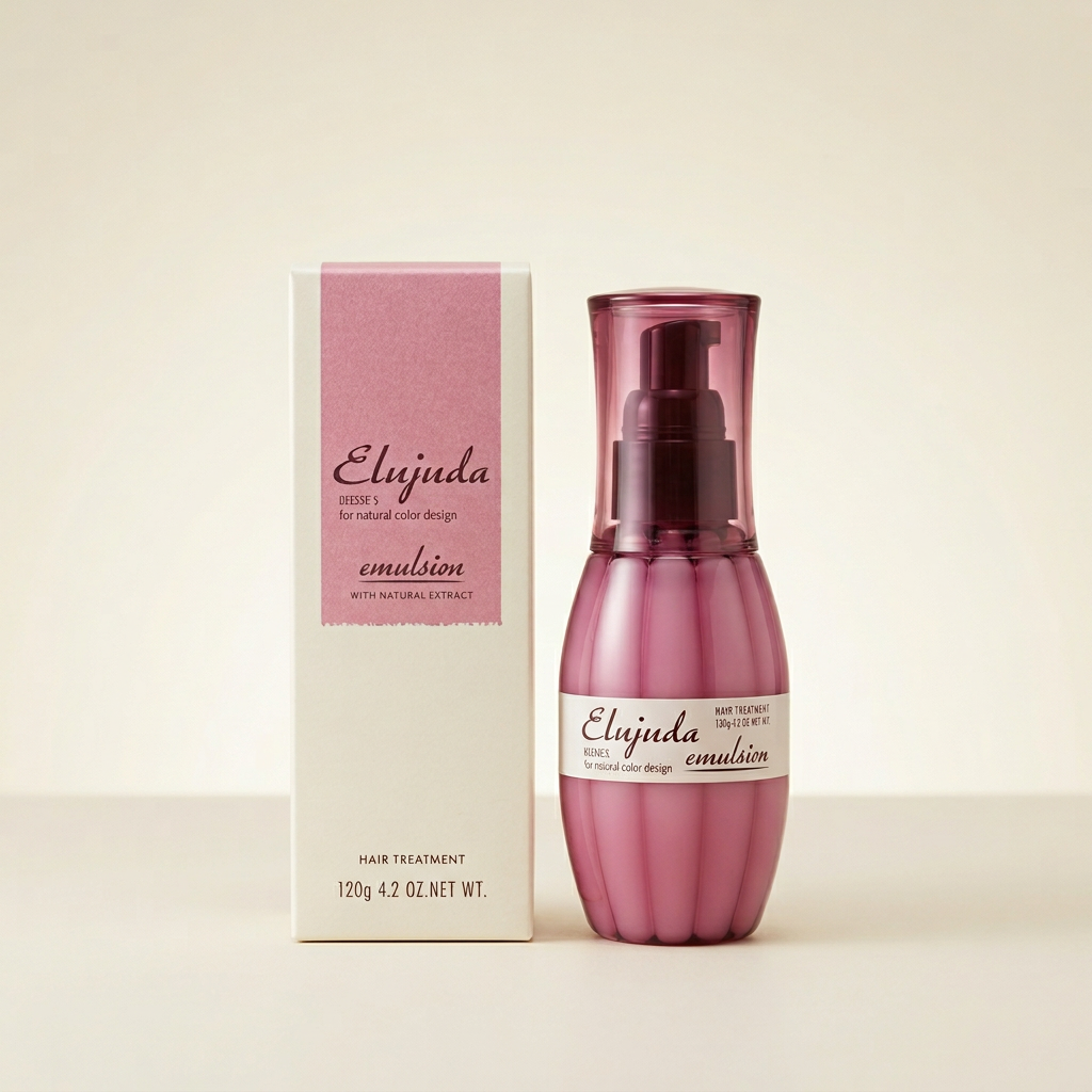 Milbon Eljuda Deesses Emulsion 120g elegant pink frosted bottle, professional Japanese hydrating hair milk.