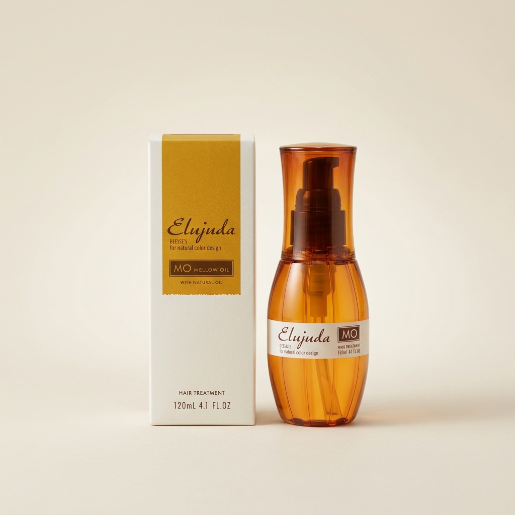 Milbon Deesse's Elujuda MO 120ml elegant orange-tinted bottle, professional Japanese hair oil for coarse hair.