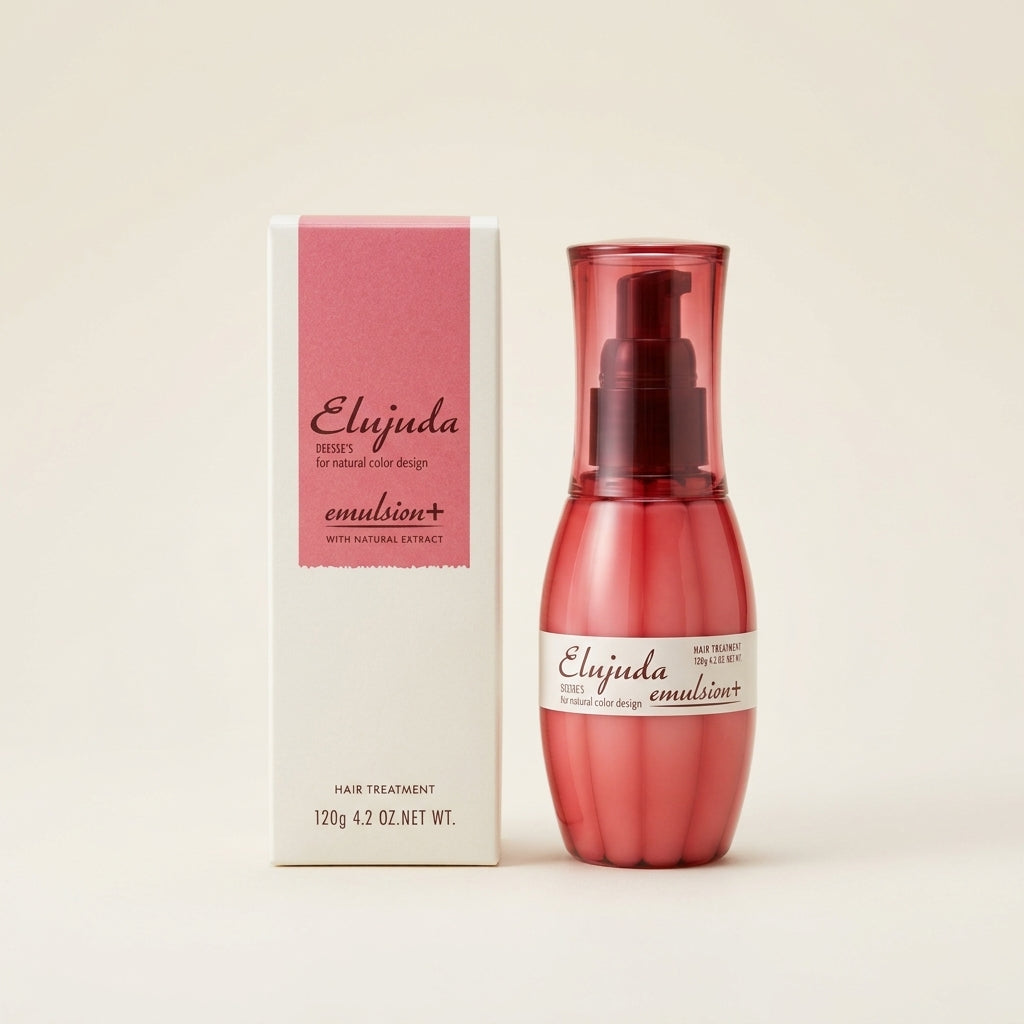 Milbon Eljuda Deesses Emulsion+ 120g elegant dark pink frosted bottle, professional Japanese deep hydrating hair milk.