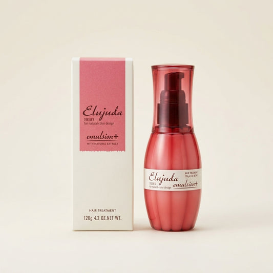 Milbon Eljuda Deesses Emulsion+ 120g elegant dark pink frosted bottle, professional Japanese deep hydrating hair milk.