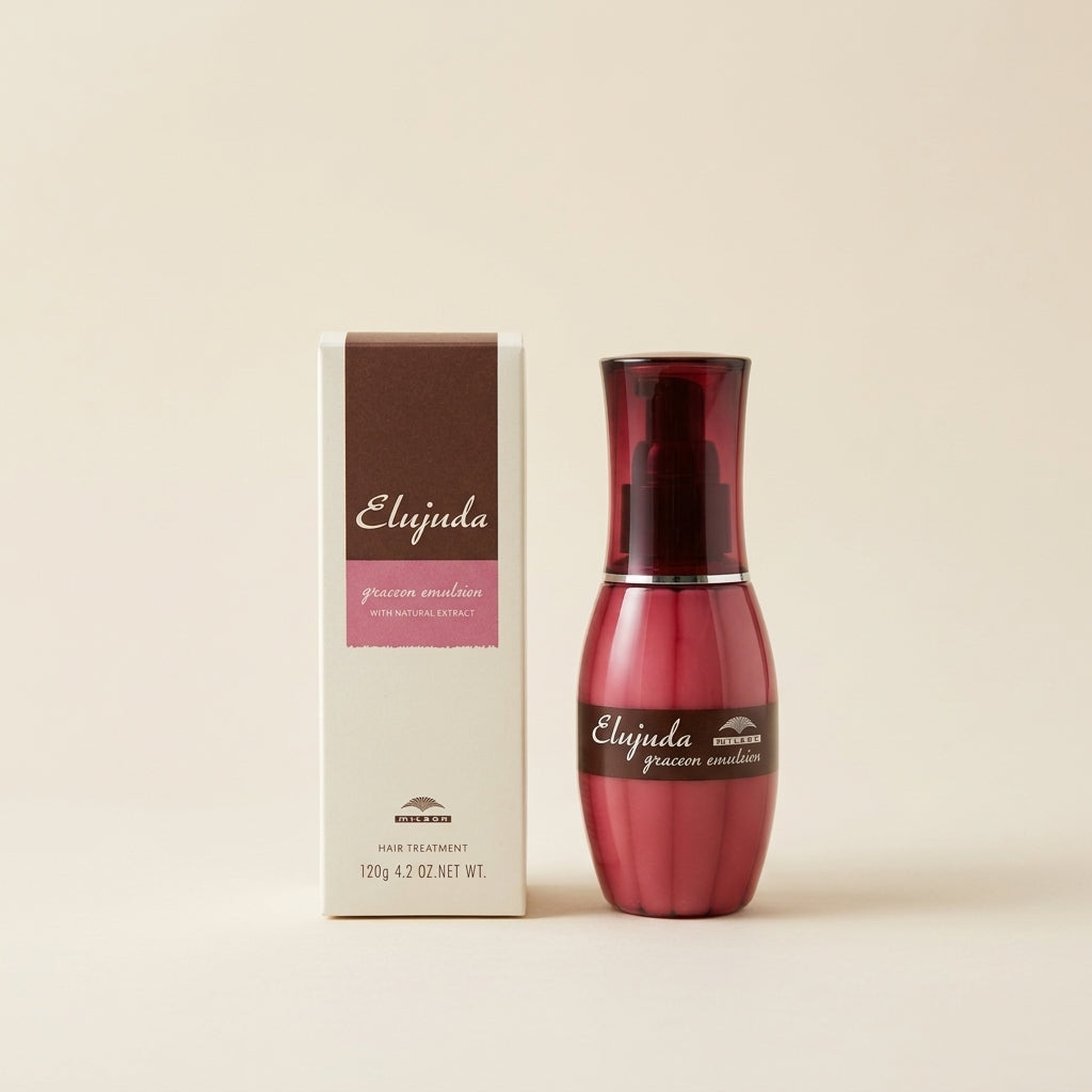 Milbon Elujuda Grace on Emulsion 120g elegant frosted red bottle, professional Japanese hair milk for smooth styling.