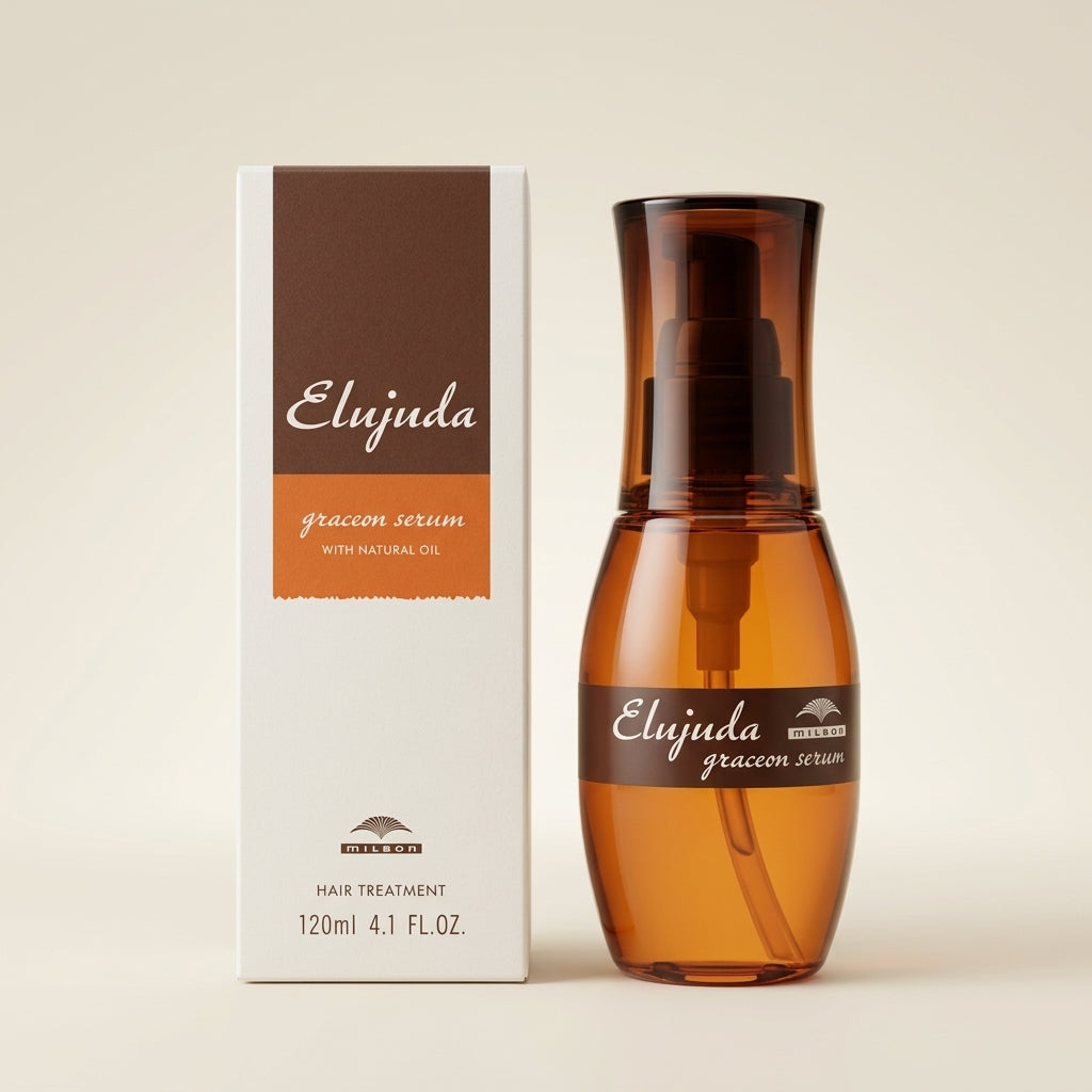 Milbon Elujuda Grace On Serum 120ml elegant red-tinted bottle, professional Japanese smoothing hair oil for heat styling.
