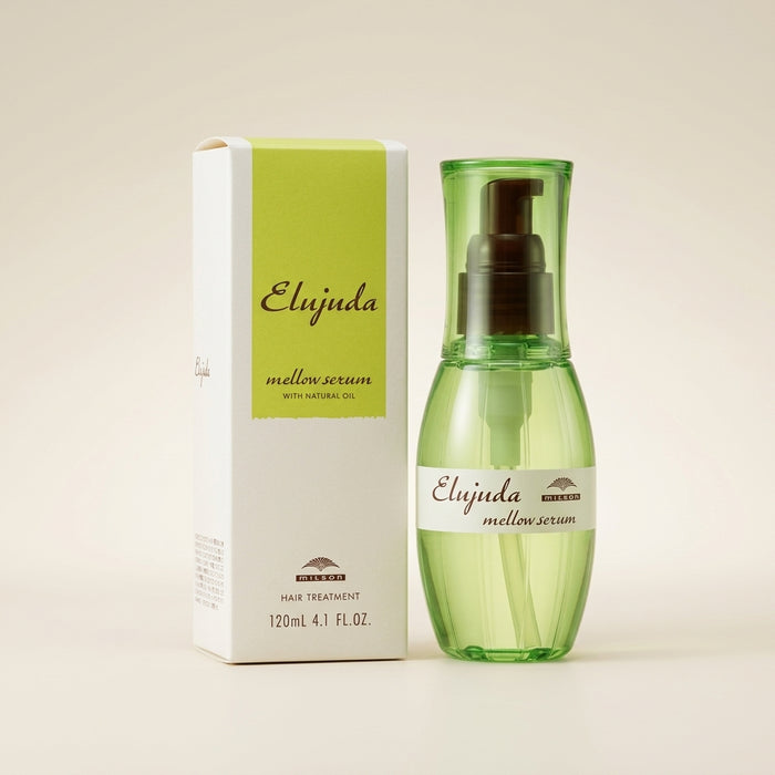 Milbon Elujuda Mellow Serum 120ml elegant translucent orange bottle, professional Japanese softening hair serum for thick hair.