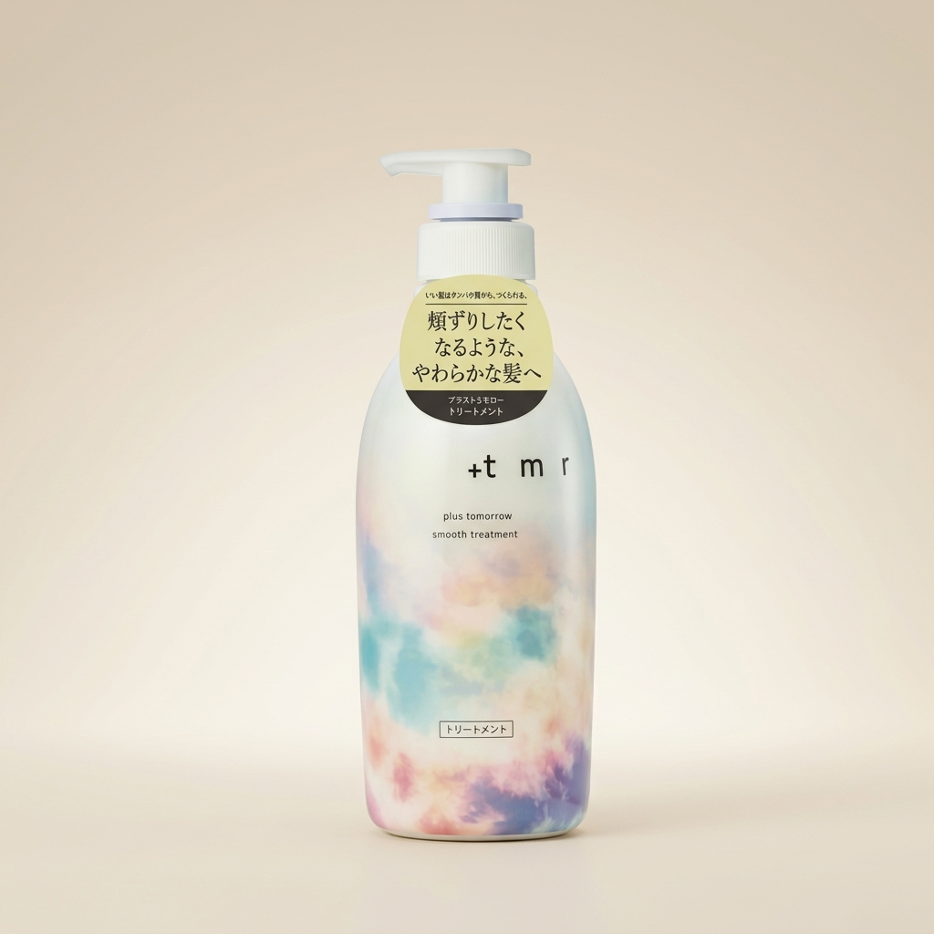 Plus Tomorrow Smooth Treatment 470ml minimalist aesthetic pump bottle, Japanese professional protein-repair smoothing conditioner.