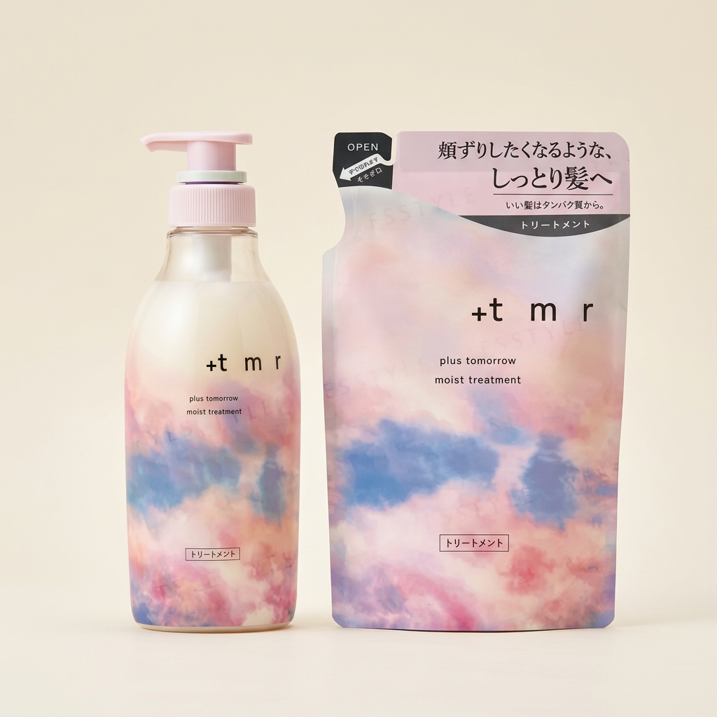 Plus Tomorrow Moist Treatment 470ml minimalist aesthetic pump bottle, Japanese professional deep-hydrating and softening conditioner.