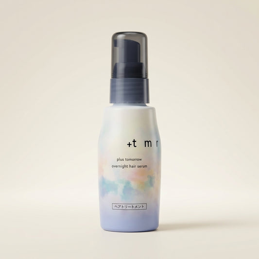 Plus Tomorrow Overnight Hair Serum 80ml sleek minimalist pump bottle, Japanese professional nighttime protein-repair hair serum.