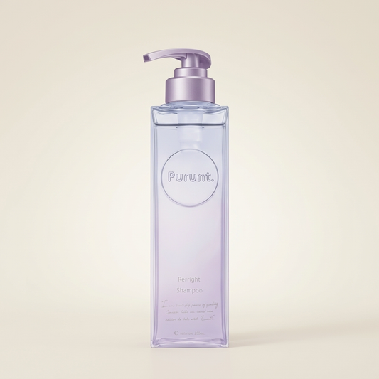 Purunt Relight Shampoo 380ml elegant translucent pump bottle, Japanese professional serum-based light-reflecting and smoothing hair wash.
