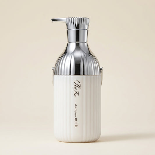 ReFa Milk Protein Shampoo 500g elegant minimalist pump bottle, Japanese professional structural-repair and protein-dense hair wash.