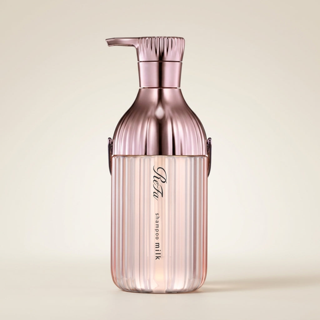 ReFa Milk Protein Shampoo Pink 500g elegant rose-tinted minimalist pump bottle, Japanese professional softening and hydration hair wash.
