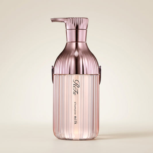 ReFa Milk Protein Shampoo Pink 500g elegant rose-tinted minimalist pump bottle, Japanese professional softening and hydration hair wash.