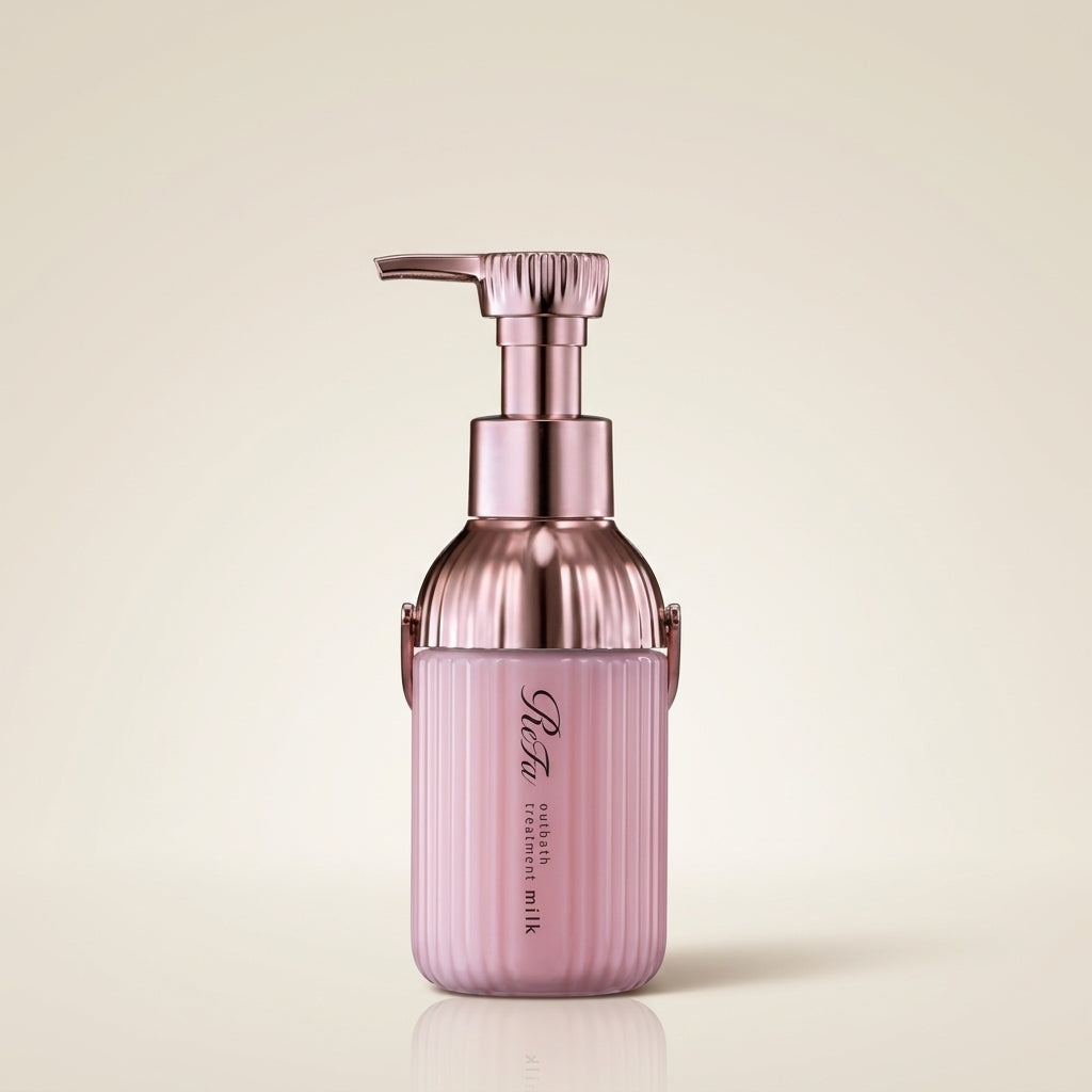 ReFa Milk Protein Out Bath Treatment Pink 100g sleek rose-tinted pump bottle, Japanese professional leave-in softening and hydration hair milk.