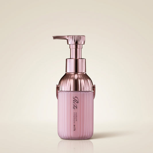 ReFa Milk Protein Out Bath Treatment Pink 100g sleek rose-tinted pump bottle, Japanese professional leave-in softening and hydration hair milk.