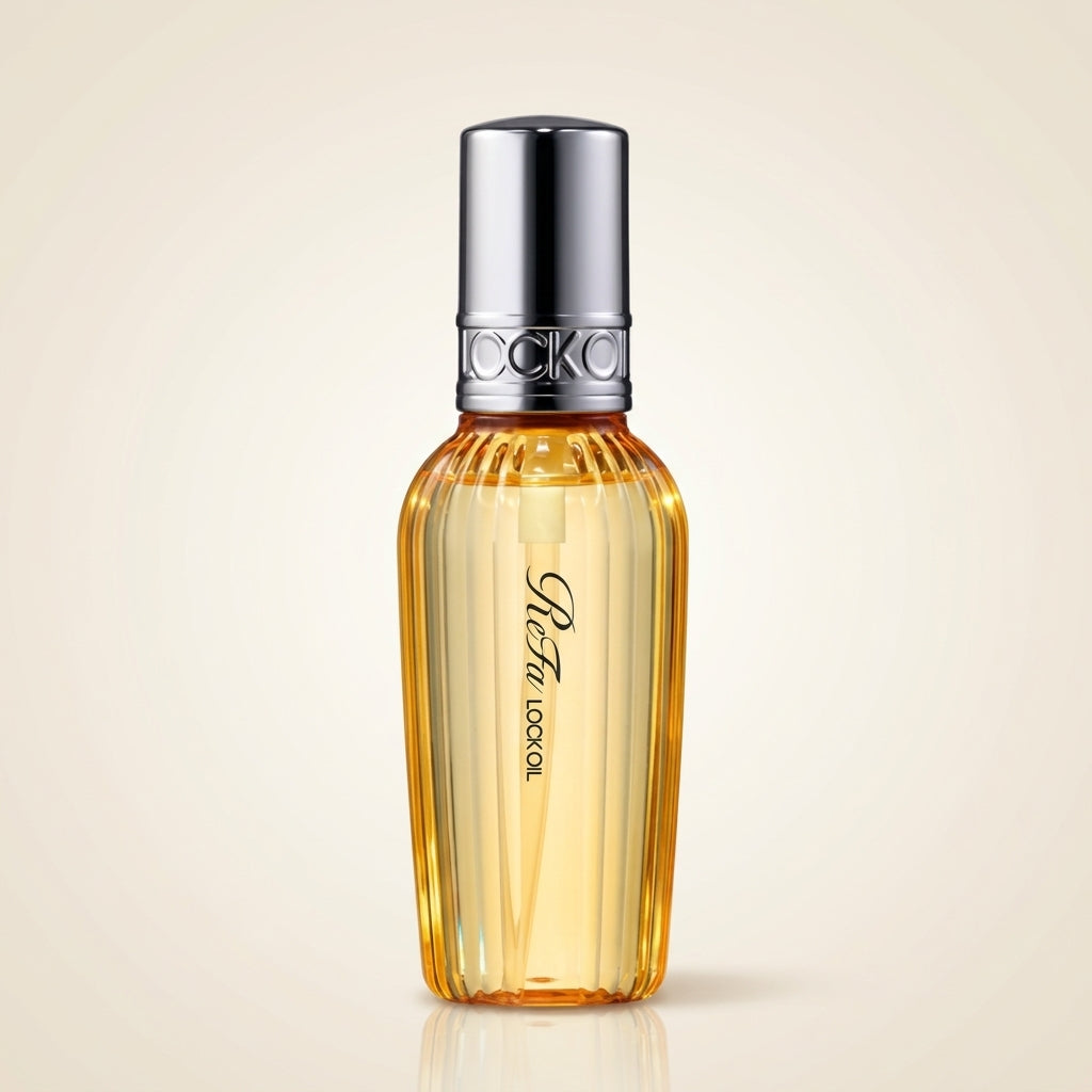 ReFa Lock Oil 100ml elegant minimalist glass-effect bottle, Japanese professional heat-styling and hold-fixing hair oil.