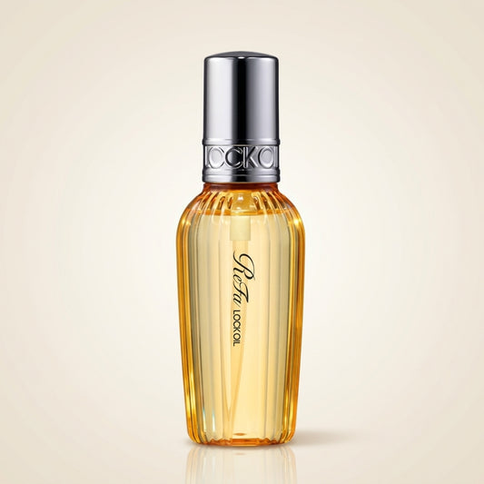 ReFa Lock Oil 100ml elegant minimalist glass-effect bottle, Japanese professional heat-styling and hold-fixing hair oil.