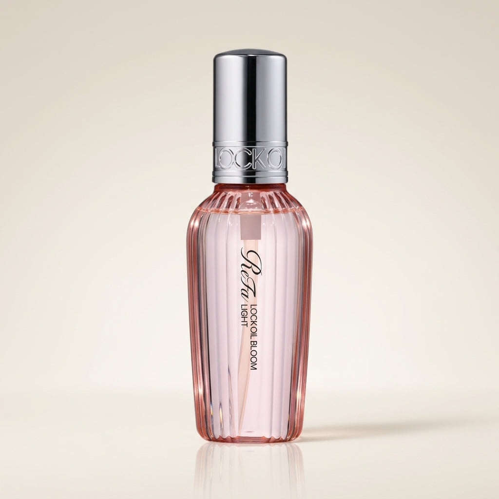 ReFa Lock Oil Bloom Light 100ml elegant pink-tinted minimalist bottle with silver accents, Japanese professional lightweight heat-styling and floral-scented hair oil