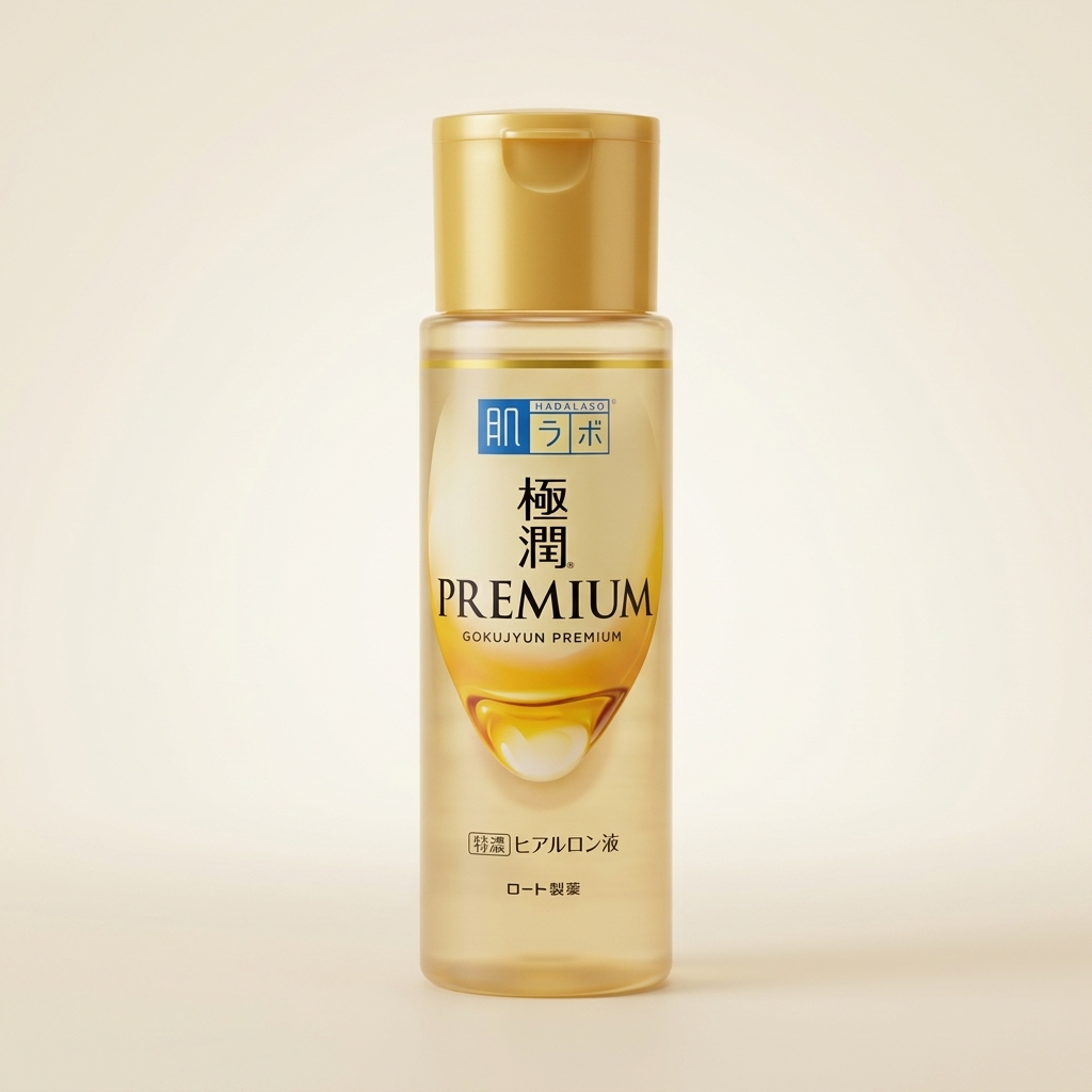 Hada Labo Gokujyun Premium Lotion 170ml signature gold bottle, Japanese professional intensive-hydration and 8-HA facial treatment.