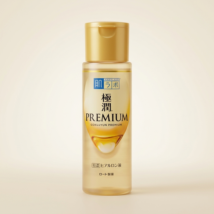 Hada Labo Gokujyun Premium Lotion 170ml signature gold bottle, Japanese professional intensive-hydration and 8-HA facial treatment.