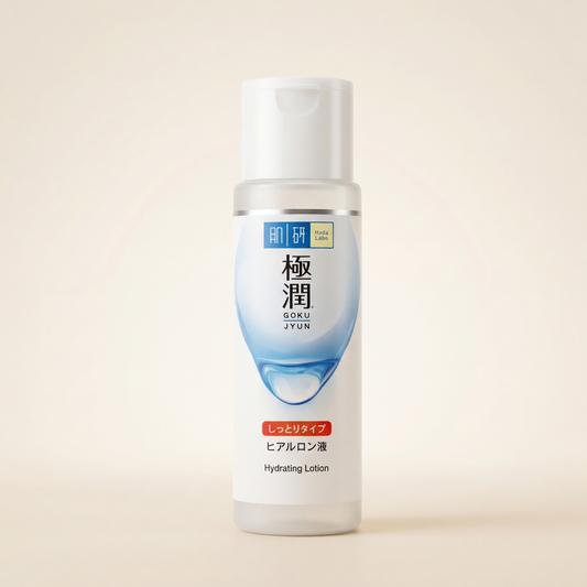 Hada Labo Gokujyun Hyaluronic Lotion Moist 170ml signature white bottle with red accents, Japanese professional 4-HA hydration and plumping facial toner.