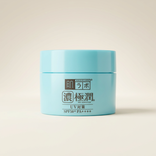 Hada Labo Koi-Gokujyun UV White Gel 90g signature blue jar, Japanese professional 7-in-1 brightening moisturizer and high-protection SPF50 sunscreen.