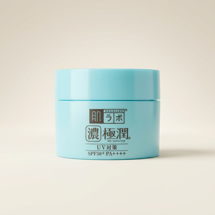 Hada Labo Koi-Gokujyun UV White Gel 90g signature blue jar, Japanese professional 7-in-1 brightening moisturizer and high-protection SPF50 sunscreen.