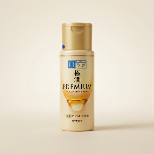 Hada Labo Gokujyun Premium Emulsion 140ml signature gold bottle, Japanese professional intensive-hydration and 8-HA facial milk.