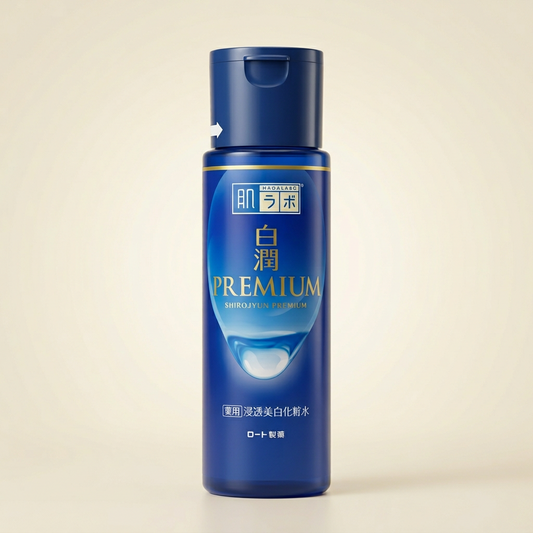 Hada Labo Shirojyun Premium Whitening Lotion Moist 170ml signature deep blue bottle with 'Moist' labeling, Japanese professional medicinal-brightening and deep-hydration facial toner.