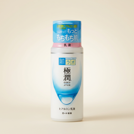 Hada Labo Gokujyun Hyaluronic Emulsion 140ml signature white bottle with red accents, Japanese professional 4-HA hydration and moisture-sealing facial milk.