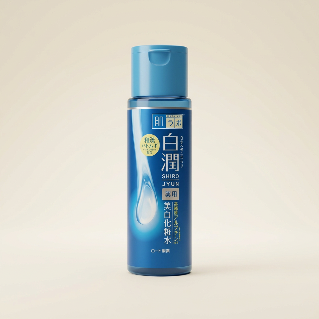 Hada Labo Shirojyun Arbutin Whitening Lotion Moist 170ml signature blue bottle with red 'Moist' labeling, Japanese professional brightening and deep-hydration facial toner.
