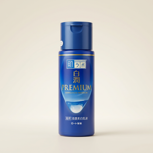 Hada Labo Shirojyun Premium Whitening Emulsion 140ml signature deep blue bottle, Japanese professional medicinal-brightening and moisture-sealing facial milk.