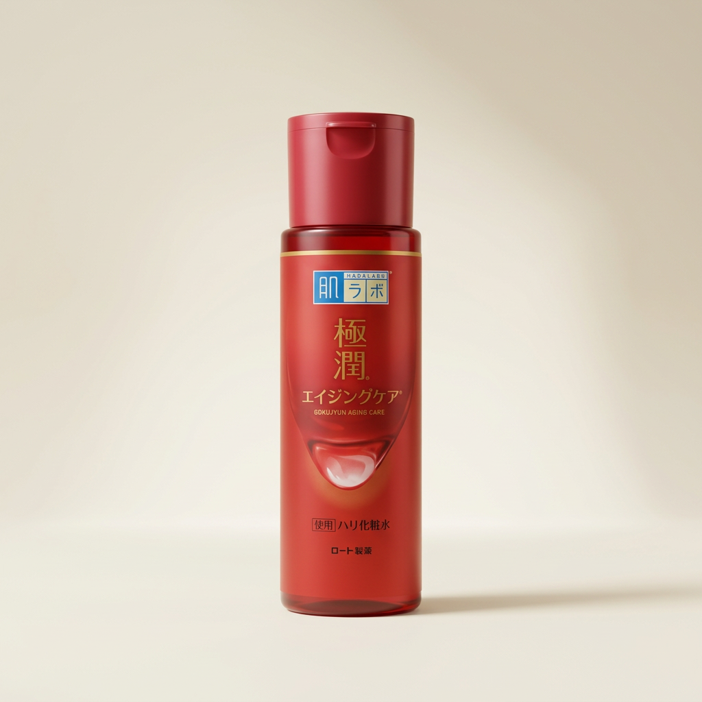 Hada Labo Gokujyun Aging Care Lotion 170ml signature deep red bottle, Japanese professional anti-wrinkle and brightening medicinal facial toner.