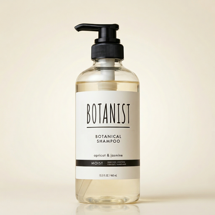 BOTANIST Botanical Shampoo Moist 460ml minimalist clear bottle with black pump, Japanese professional plant-derived hydrating and smoothing hair cleanser.