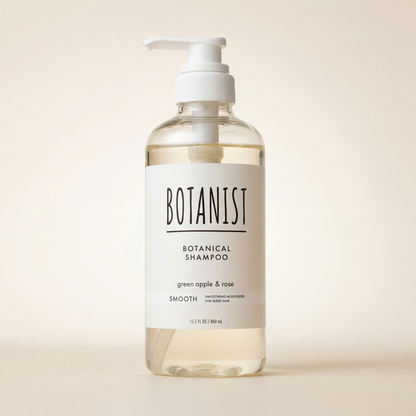 BOTANIST Botanical Shampoo Smooth 460ml minimalist clear bottle with white pump, Japanese professional plant-derived volumizing and detangling hair cleanser.