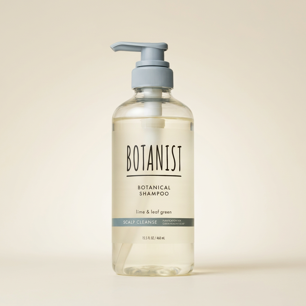 BOTANIST Botanical Shampoo Scalp Cleanse 460ml minimalist clear bottle with white pump and light blue labeling, Japanese professional plant-derived deep-cleansing hair cleanser.