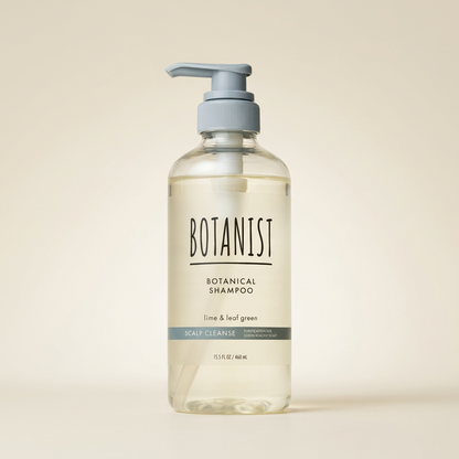 BOTANIST Botanical Shampoo Scalp Cleanse 460ml minimalist clear bottle with white pump and light blue labeling, Japanese professional plant-derived deep-cleansing hair cleanser.