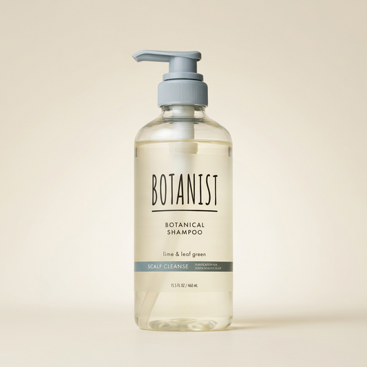 BOTANIST Botanical Shampoo Scalp Cleanse 460ml minimalist clear bottle with white pump and light blue labeling, Japanese professional plant-derived deep-cleansing hair cleanser.