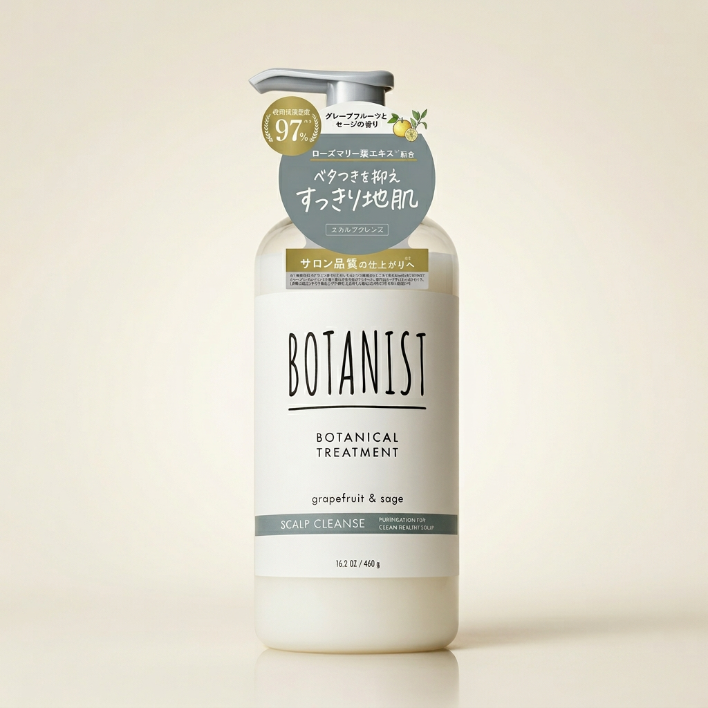 BOTANIST Botanical Treatment Scalp Cleanse 460ml minimalist white-labeled bottle with white pump and light blue accents, Japanese professional plant-derived scalp-balancing and detangling hair conditioner.