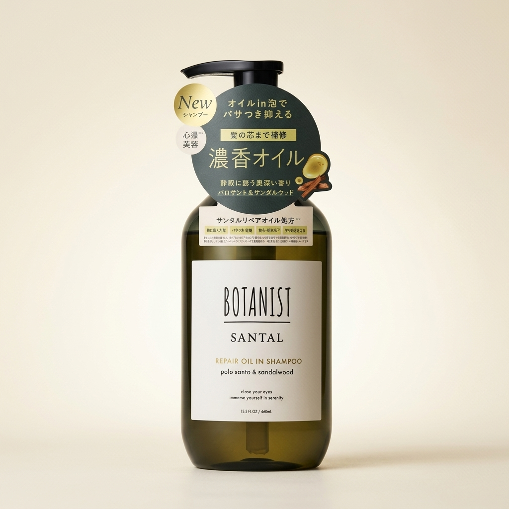 BOTANIST Botanical Shampoo Santal & Cedarwood 460ml minimalist clear bottle with a sophisticated earthy-toned label, Japanese professional plant-derived hydrating hair cleanser.
