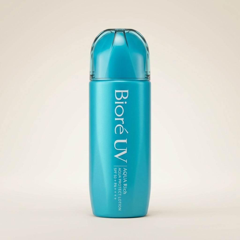Bioré UV Aqua Rich Aqua Protect Lotion 70ml sleek blue-to-silver gradient bottle, Japanese professional weightless "Water Layer" liquid sunscreen with SPF 50+