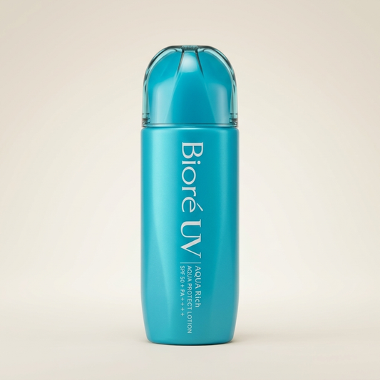 Bioré UV Aqua Rich Aqua Protect Lotion 70ml sleek blue-to-silver gradient bottle, Japanese professional weightless "Water Layer" liquid sunscreen with SPF 50+