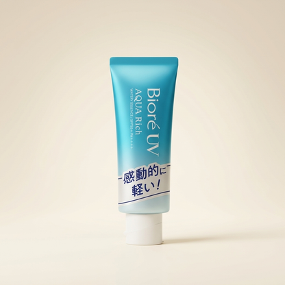 Bioré UV Aqua Rich Watery Essence 70g signature bright blue tube, Japanese professional weightless "Micro Defense" hydrating gel sunscreen with SPF 50+.