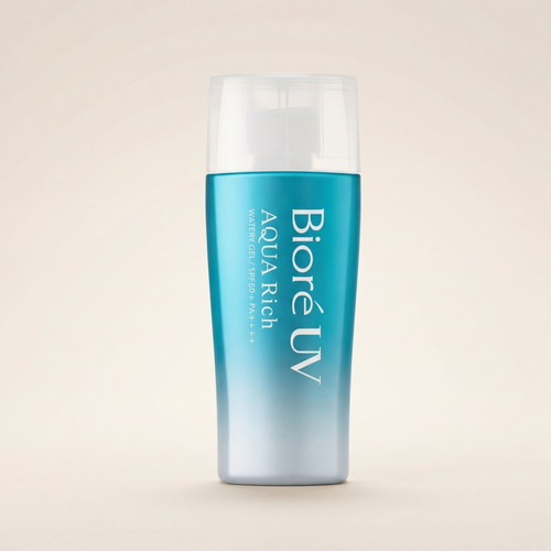 Bioré UV Aqua Rich Watery Gel 70ml bright blue bottle, Japanese professional weightless "Micro Defense" hydrating gel sunscreen with SPF 50+.