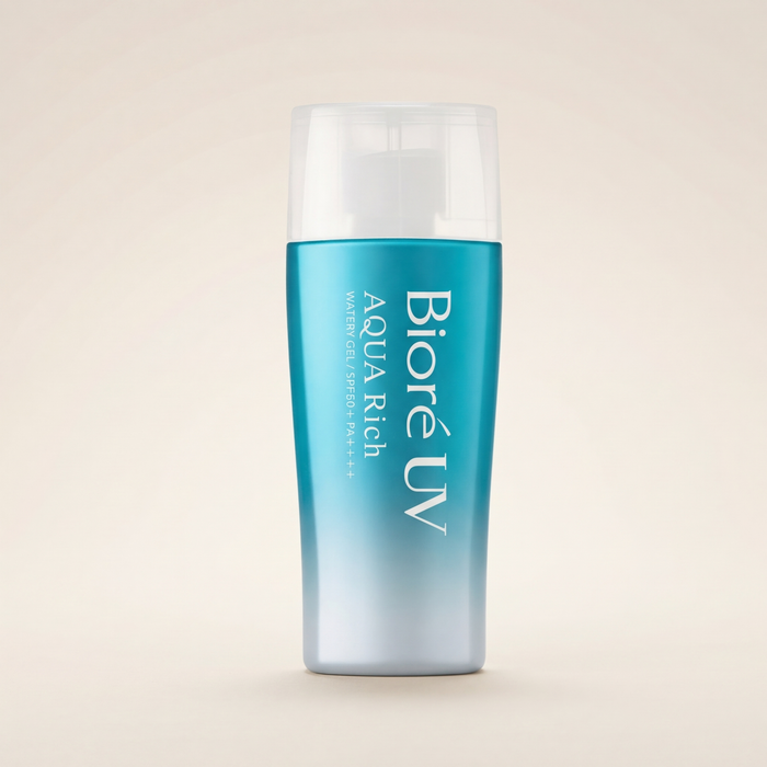 Bioré UV Aqua Rich Watery Gel 70ml bright blue bottle, Japanese professional weightless "Micro Defense" hydrating gel sunscreen with SPF 50+.