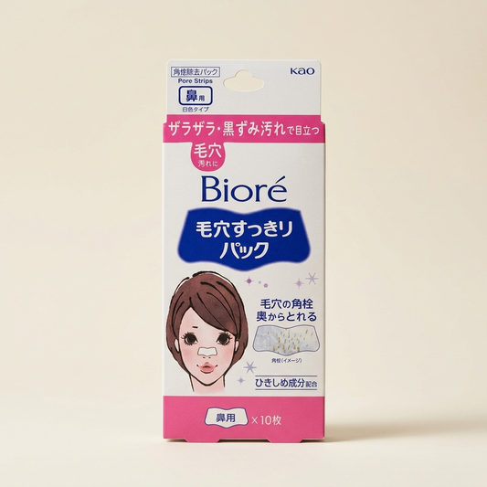 Bioré Pore Pack Nose Strips box featuring a minimalist white and blue design, Japanese professional deep-cleansing blackhead extraction strips.