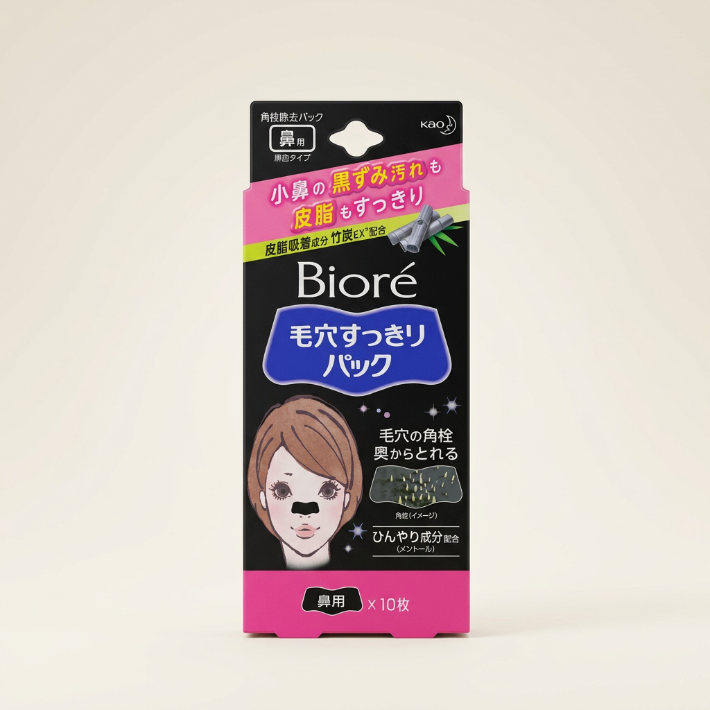 Bioré Clean Pore Nose Patch Black 10pcs box with sleek black and silver design, Japanese professional charcoal-infused deep-cleansing blackhead extraction strips.